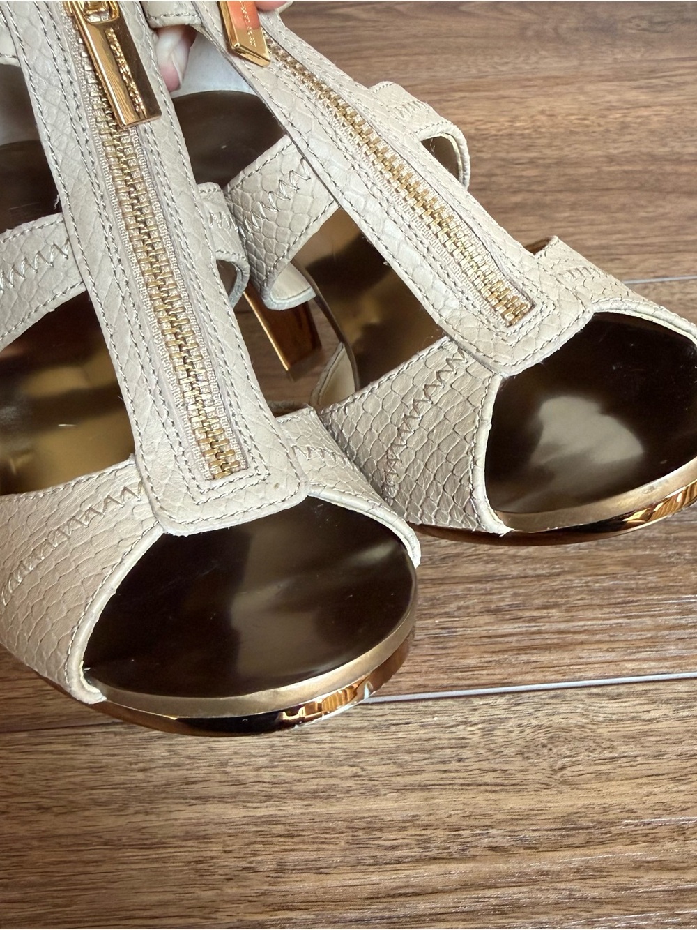 Michael Kors Berkley Strappy Snakeskin T-Strap High Heel Sandals - Picture 5 of 13